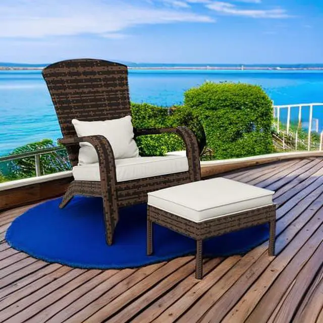 Alt view image 6 of 7 - Patio Wicker Adirondack Chair with Ottoman High-Back Cream White | Outdoor Fire Pit Chair, Cushions, Large Seat & Armrests, for Deck, Garden & Backyard
