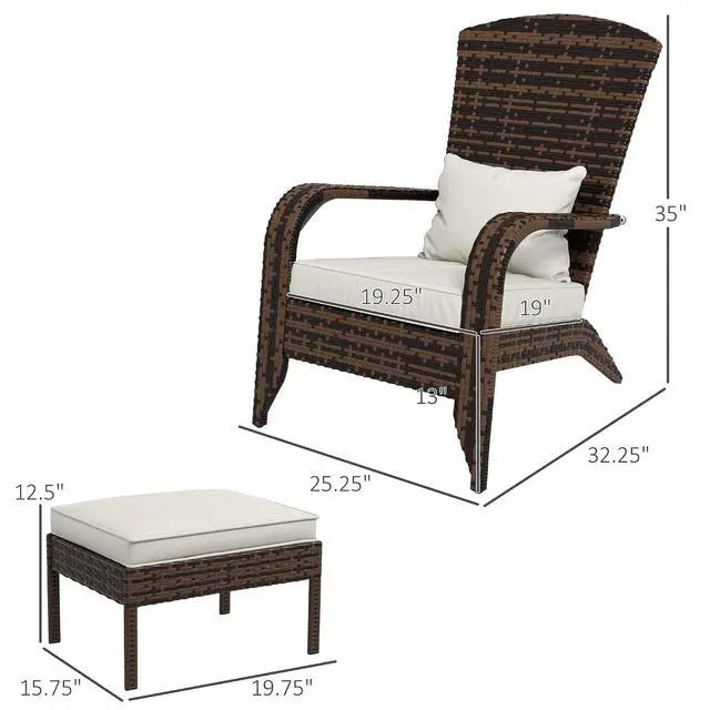 Alt view image 3 of 7 - Patio Wicker Adirondack Chair with Ottoman High-Back Cream White | Outdoor Fire Pit Chair, Cushions, Large Seat & Armrests, for Deck, Garden & Backyard
