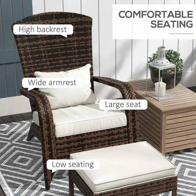 Alt view image 5 of 7 - Patio Wicker Adirondack Chair with Ottoman High-Back Cream White | Outdoor Fire Pit Chair, Cushions, Large Seat & Armrests, for Deck, Garden & Backyard