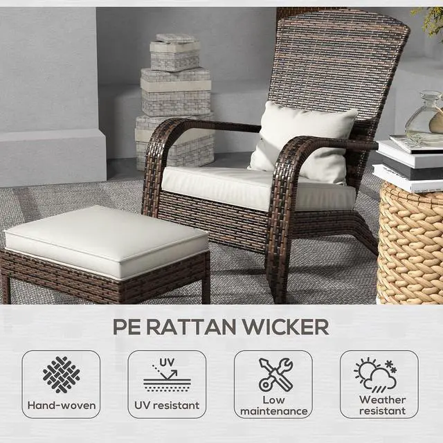 Alt view image 4 of 7 - Patio Wicker Adirondack Chair with Ottoman High-Back Cream White | Outdoor Fire Pit Chair, Cushions, Large Seat & Armrests, for Deck, Garden & Backyard