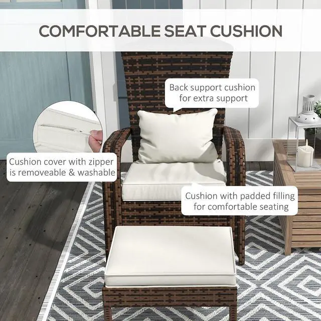 Alt view image 7 of 7 - Patio Wicker Adirondack Chair with Ottoman High-Back Cream White | Outdoor Fire Pit Chair, Cushions, Large Seat & Armrests, for Deck, Garden & Backyard