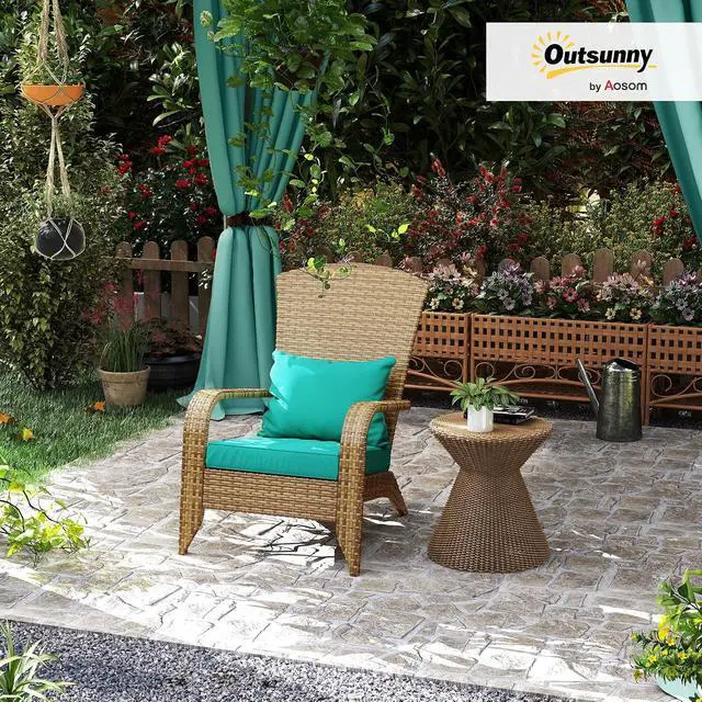 Alt view image 2 of 7 - Patio Wicker Adirondack Chair Outdoor Sky Blue | All-Weather Rattan Fire Pit Chair, Soft Cushions, Tall Curved Backrest, Comfortable Armrests, for Deck or Garden