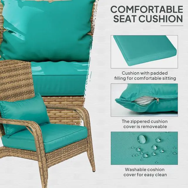 Alt view image 6 of 7 - Patio Wicker Adirondack Chair Outdoor Sky Blue | All-Weather Rattan Fire Pit Chair, Soft Cushions, Tall Curved Backrest, Comfortable Armrests, for Deck or Garden