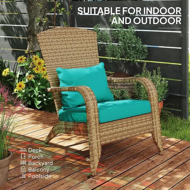 Alt view image 7 of 7 - Patio Wicker Adirondack Chair Outdoor Sky Blue | All-Weather Rattan Fire Pit Chair, Soft Cushions, Tall Curved Backrest, Comfortable Armrests, for Deck or Garden