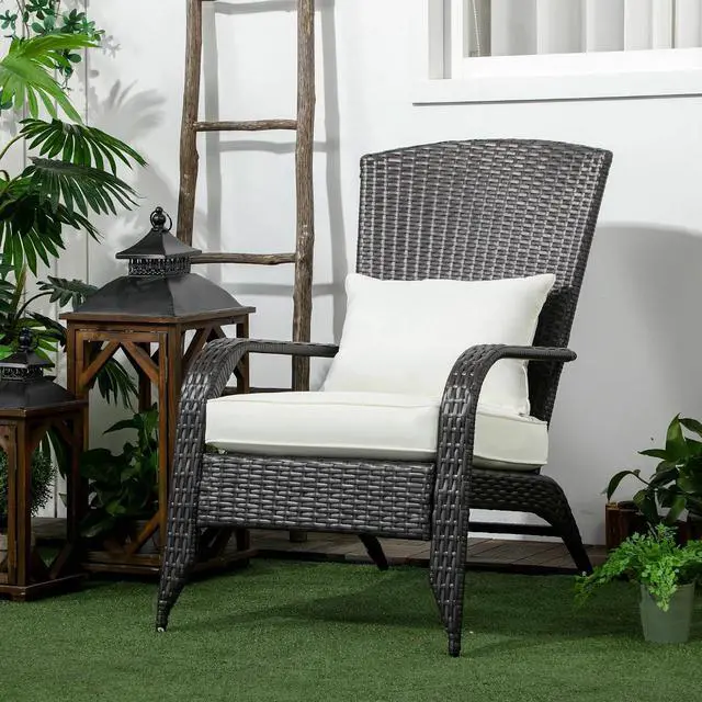 Alt view image 2 of 7 - Patio Wicker Adirondack Chair All-Weather Rattan Cream White | All-Weather Rattan Fire Pit Chair, Soft Cushions, Tall Curved Backrest, Comfortable Armrests, for Deck or Garden