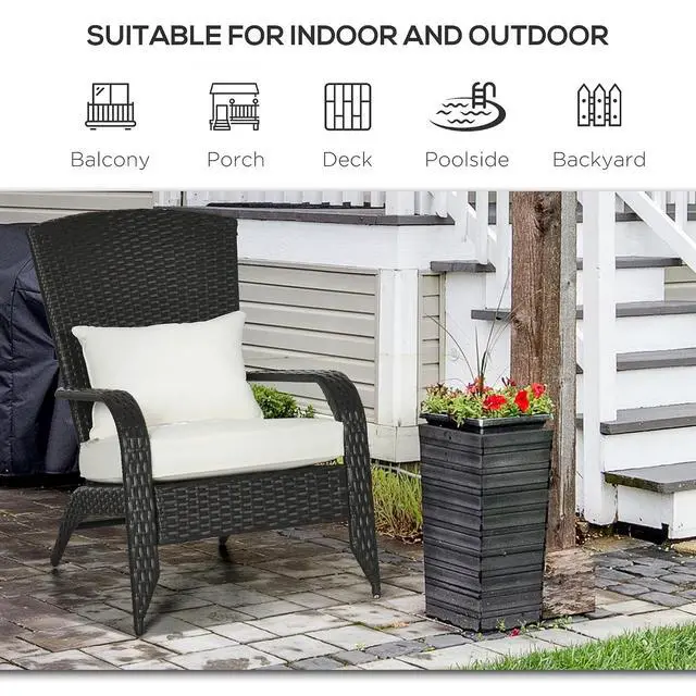 Alt view image 7 of 7 - Patio Wicker Adirondack Chair All-Weather Rattan Cream White | All-Weather Rattan Fire Pit Chair, Soft Cushions, Tall Curved Backrest, Comfortable Armrests, for Deck or Garden