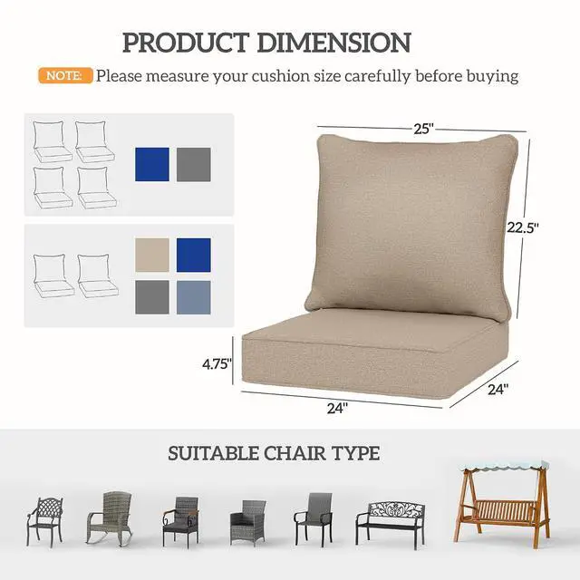 Alt view image 3 of 7 - Outdoor Chair Cushions Set of 2 Fade Resistant 24x24 in Beige | Patio Cushions for Deep Seat Chair, Sofa, Outdoor Furniture