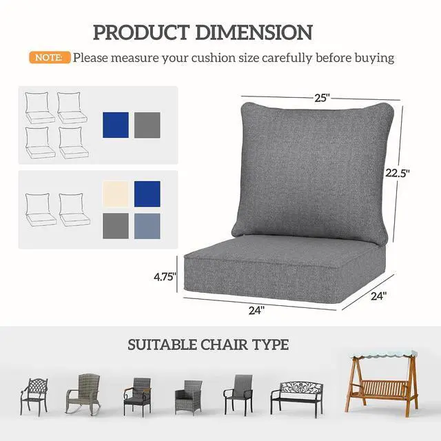 Alt view image 3 of 7 - Outdoor Chair Cushions Set of 2 Fade Resistant 24x24 in Gray | Patio Cushions for Deep Seat Chair, Sofa, Outdoor Furniture
