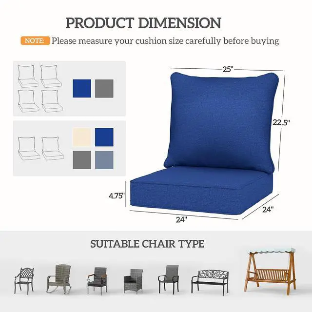Alt view image 3 of 7 - Outdoor Chair Cushions Set of 4 Fade Resistant 24x24 in Navy Blue | Patio Cushions for Deep Seat Chair, Sofa, Outdoor Furniture