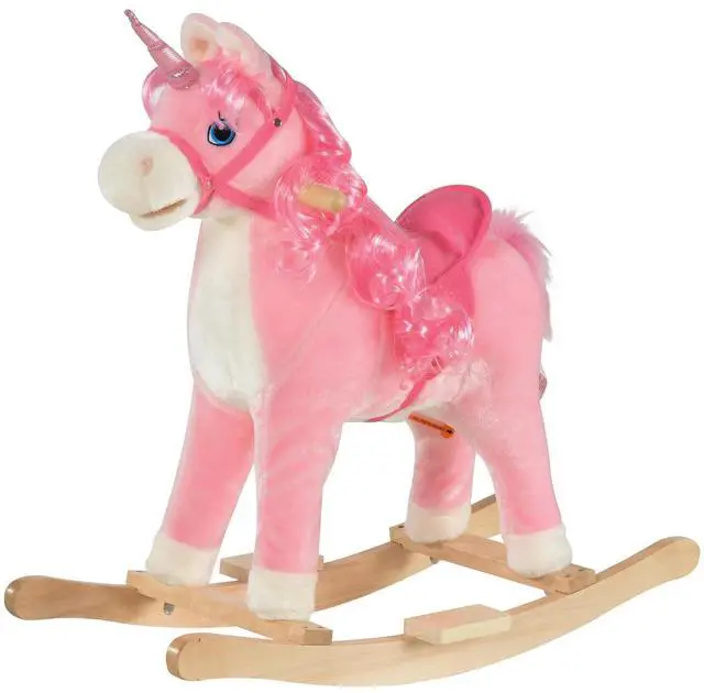Main image of Qaba Rocking Horse Unicorn Design Tail Wag & Sounds for Ages 3-6 Pink | Kids Ride on Horse, Wooden Base, for Toddlers