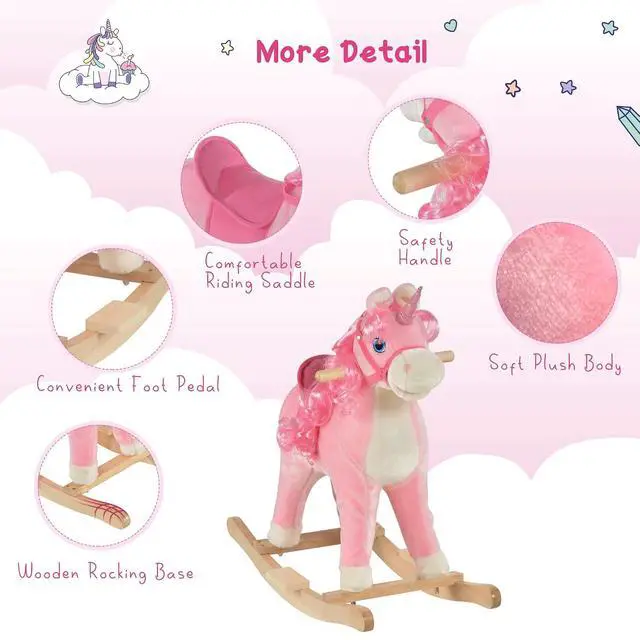 Alt view image 3 of 7 - Qaba Rocking Horse Unicorn Design Tail Wag & Sounds for Ages 3-6 Pink | Kids Ride on Horse, Wooden Base, for Toddlers