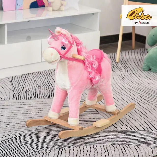Alt view image 2 of 7 - Qaba Rocking Horse Unicorn Design Tail Wag & Sounds for Ages 3-6 Pink | Kids Ride on Horse, Wooden Base, for Toddlers