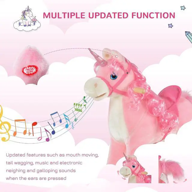 Alt view image 4 of 7 - Qaba Rocking Horse Unicorn Design Tail Wag & Sounds for Ages 3-6 Pink | Kids Ride on Horse, Wooden Base, for Toddlers