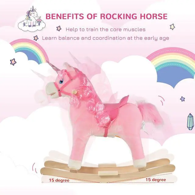 Alt view image 5 of 7 - Qaba Rocking Horse Unicorn Design Tail Wag & Sounds for Ages 3-6 Pink | Kids Ride on Horse, Wooden Base, for Toddlers