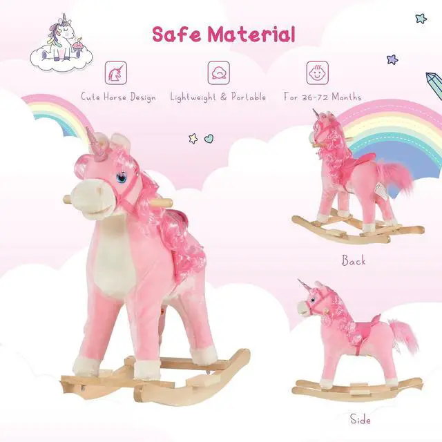 Alt view image 6 of 7 - Qaba Rocking Horse Unicorn Design Tail Wag & Sounds for Ages 3-6 Pink | Kids Ride on Horse, Wooden Base, for Toddlers
