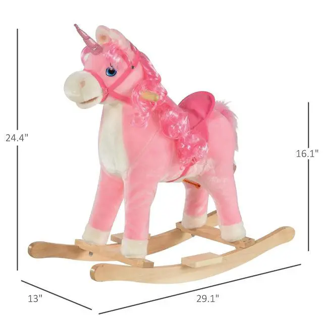 Alt view image 7 of 7 - Qaba Rocking Horse Unicorn Design Tail Wag & Sounds for Ages 3-6 Pink | Kids Ride on Horse, Wooden Base, for Toddlers