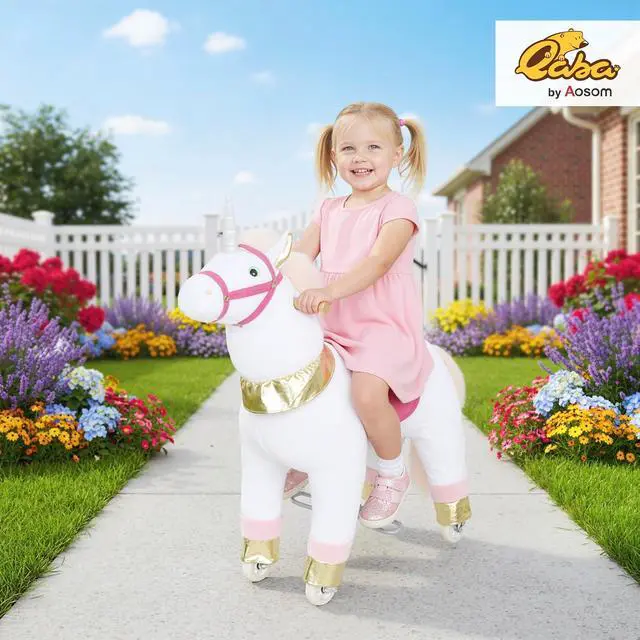 Alt view image 2 of 7 - Qaba Ride on Horse for Kids 3-5 Years, 29.5 Inch Height Plush Riding Unicorn, Walking Horse Animal with Rolling Wheels for Active Play, No Batteries Required, White