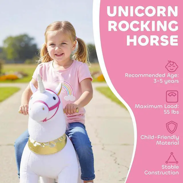 Alt view image 3 of 7 - Qaba Ride on Horse for Kids 3-5 Years, 29.5 Inch Height Plush Riding Unicorn, Walking Horse Animal with Rolling Wheels for Active Play, No Batteries Required, White