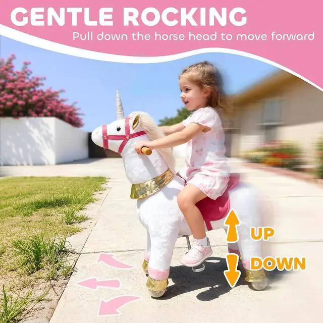 Alt view image 4 of 7 - Qaba Ride on Horse for Kids 3-5 Years, 29.5 Inch Height Plush Riding Unicorn, Walking Horse Animal with Rolling Wheels for Active Play, No Batteries Required, White