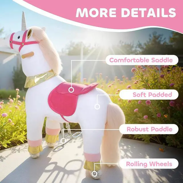 Alt view image 5 of 7 - Qaba Ride on Horse for Kids 3-5 Years, 29.5 Inch Height Plush Riding Unicorn, Walking Horse Animal with Rolling Wheels for Active Play, No Batteries Required, White