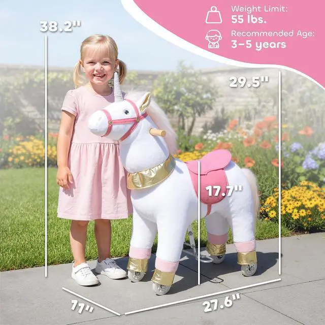 Alt view image 7 of 7 - Qaba Ride on Horse for Kids 3-5 Years, 29.5 Inch Height Plush Riding Unicorn, Walking Horse Animal with Rolling Wheels for Active Play, No Batteries Required, White