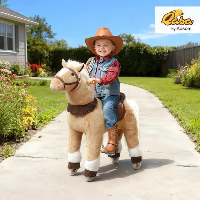 Alt view image 2 of 7 - Qaba Ride on Horse for Kids 3-5 Years, 31.5 Inch Height Plush Riding Pony, Walking Horse Animal with Rolling Wheels for Active Play, No Batteries Required, Brown