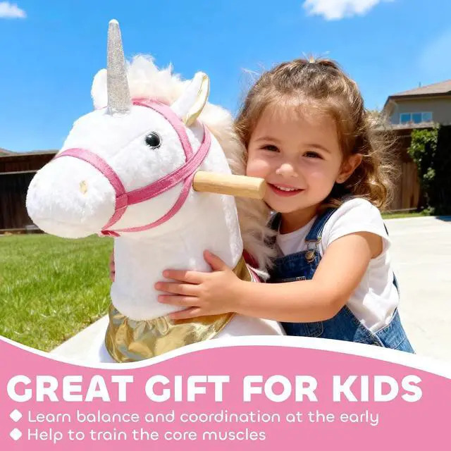 Alt view image 6 of 7 - Qaba Ride on Horse for Kids 3-5 Years, 29.5 Inch Height Plush Riding Unicorn, Walking Horse Animal with Rolling Wheels for Active Play, No Batteries Required, White