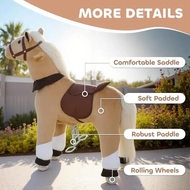 Alt view image 5 of 7 - Qaba Ride on Horse for Kids 3-5 Years, 31.5 Inch Height Plush Riding Pony, Walking Horse Animal with Rolling Wheels for Active Play, No Batteries Required, Brown