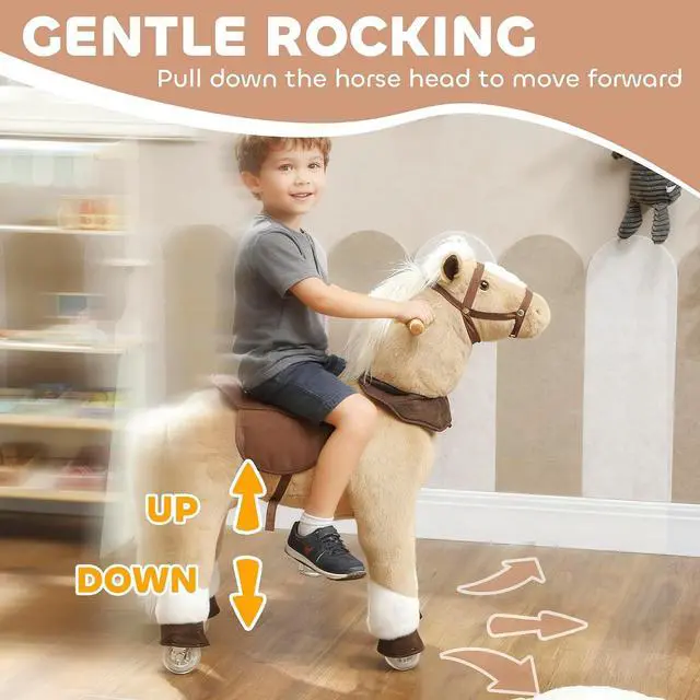 Alt view image 4 of 7 - Qaba Ride on Horse for Kids 3-5 Years, 31.5 Inch Height Plush Riding Pony, Walking Horse Animal with Rolling Wheels for Active Play, No Batteries Required, Brown