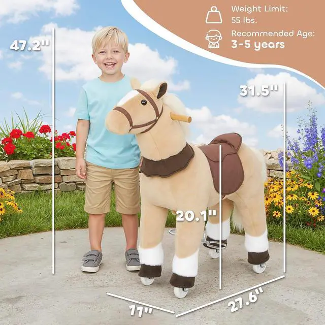 Alt view image 7 of 7 - Qaba Ride on Horse for Kids 3-5 Years, 31.5 Inch Height Plush Riding Pony, Walking Horse Animal with Rolling Wheels for Active Play, No Batteries Required, Brown