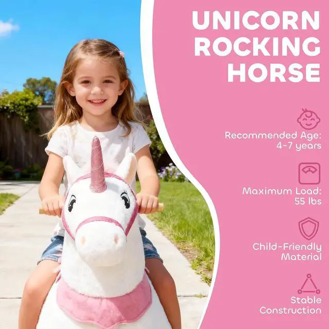 Alt view image 3 of 7 - Qaba Ride on Horse for Kids 4-7 Years, 37.8 Inch Height Plush Riding Unicorn, Walking Horse Animal with Rolling Wheels for Active Play, No Batteries Required, White