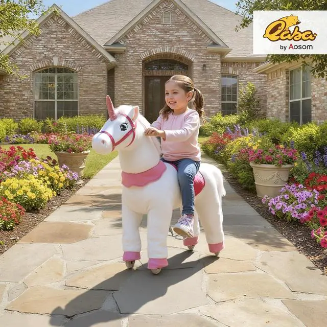 Alt view image 2 of 7 - Qaba Ride on Horse for Kids 4-7 Years, 37.8 Inch Height Plush Riding Unicorn, Walking Horse Animal with Rolling Wheels for Active Play, No Batteries Required, White