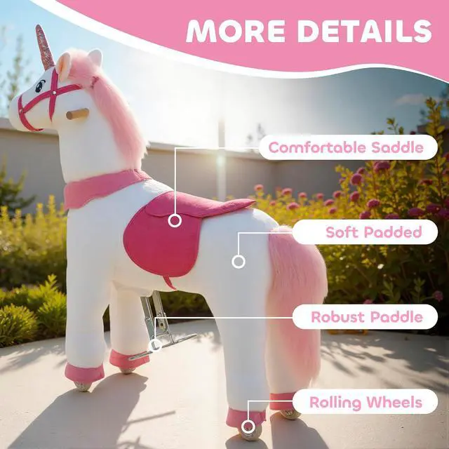 Alt view image 5 of 7 - Qaba Ride on Horse for Kids 4-7 Years, 37.8 Inch Height Plush Riding Unicorn, Walking Horse Animal with Rolling Wheels for Active Play, No Batteries Required, White