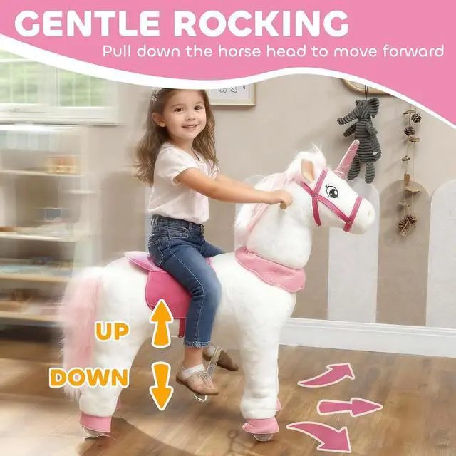 Alt view image 4 of 7 - Qaba Ride on Horse for Kids 4-7 Years, 37.8 Inch Height Plush Riding Unicorn, Walking Horse Animal with Rolling Wheels for Active Play, No Batteries Required, White