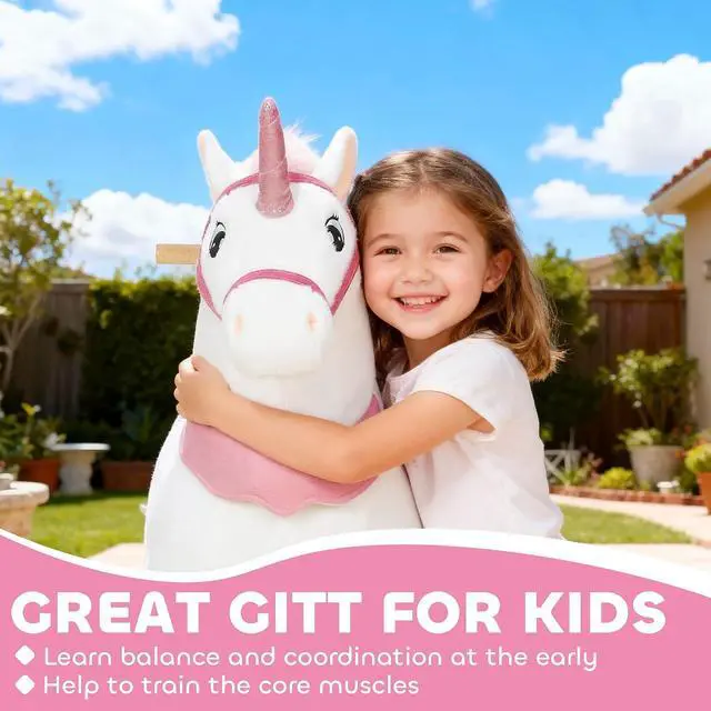 Alt view image 6 of 7 - Qaba Ride on Horse for Kids 4-7 Years, 37.8 Inch Height Plush Riding Unicorn, Walking Horse Animal with Rolling Wheels for Active Play, No Batteries Required, White