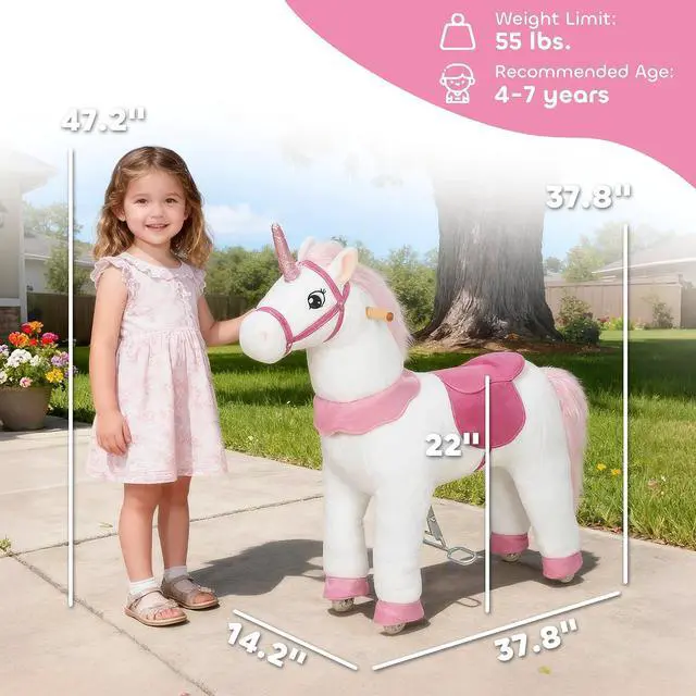 Alt view image 7 of 7 - Qaba Ride on Horse for Kids 4-7 Years, 37.8 Inch Height Plush Riding Unicorn, Walking Horse Animal with Rolling Wheels for Active Play, No Batteries Required, White