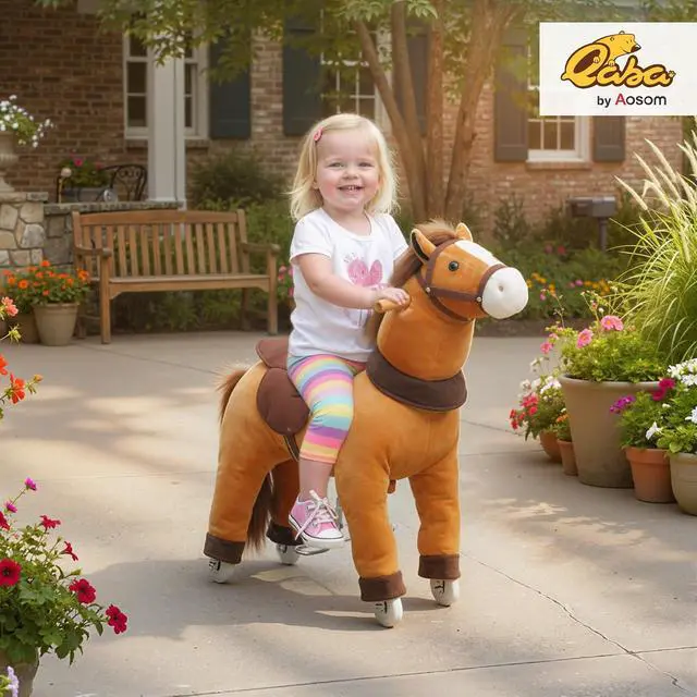 Alt view image 2 of 7 - Qaba Ride on Horse for Kids 3-5 Years, 29.5 Inch Height Plush Riding Pony, Walking Horse Animal with Rolling Wheels for Active Play, No Batteries Required, Brown