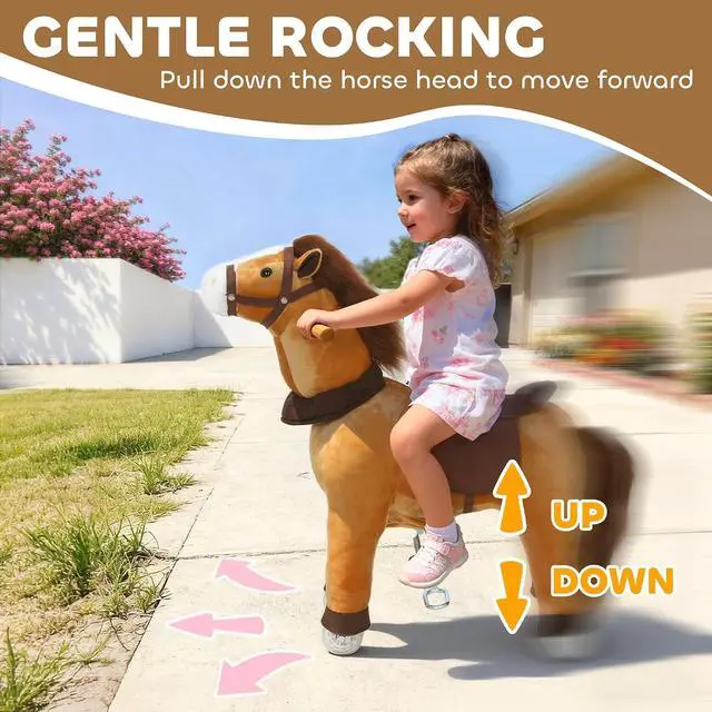 Alt view image 4 of 7 - Qaba Ride on Horse for Kids 3-5 Years, 29.5 Inch Height Plush Riding Pony, Walking Horse Animal with Rolling Wheels for Active Play, No Batteries Required, Brown