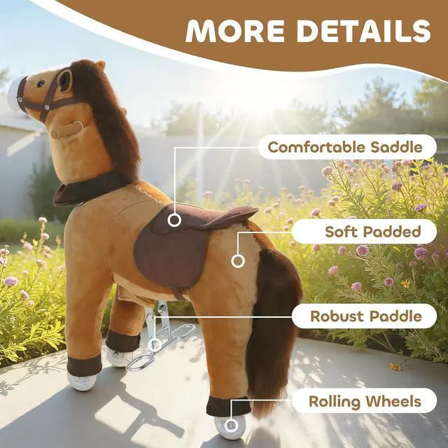 Alt view image 5 of 7 - Qaba Ride on Horse for Kids 3-5 Years, 29.5 Inch Height Plush Riding Pony, Walking Horse Animal with Rolling Wheels for Active Play, No Batteries Required, Brown
