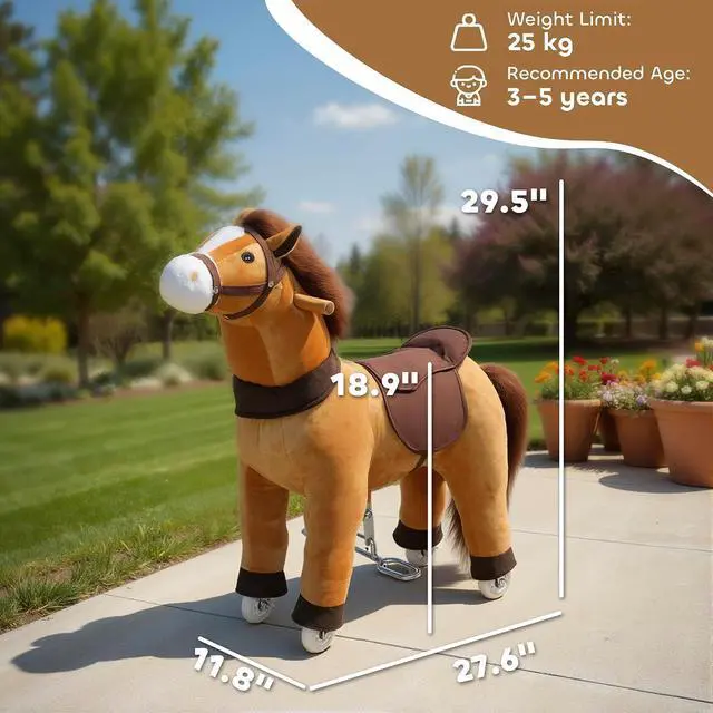 Alt view image 7 of 7 - Qaba Ride on Horse for Kids 3-5 Years, 29.5 Inch Height Plush Riding Pony, Walking Horse Animal with Rolling Wheels for Active Play, No Batteries Required, Brown