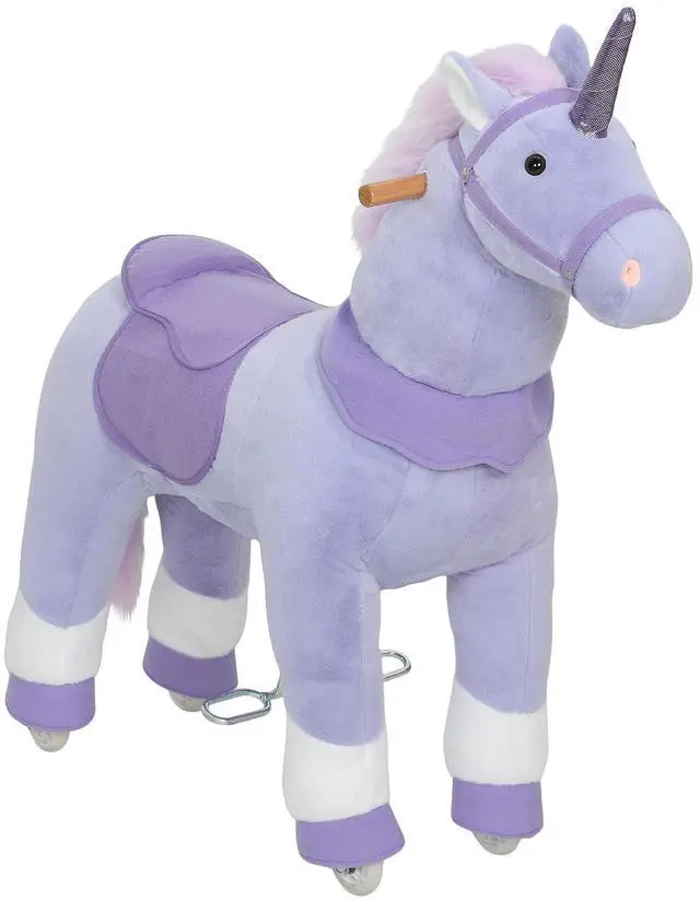 Main image of Qaba Ride on Horse Plush Riding Unicorn for Kids 4-7 Years 37.8 Inch Purple | Walking Horse Animal, Rolling Wheels, Active Play, No Batteries Required