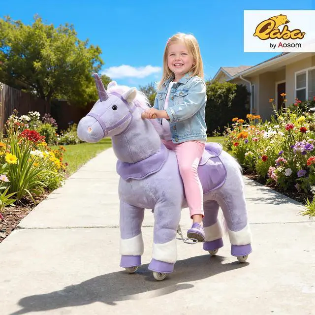 Alt view image 2 of 7 - Qaba Ride on Horse Plush Riding Unicorn for Kids 4-7 Years 37.8 Inch Purple | Walking Horse Animal, Rolling Wheels, Active Play, No Batteries Required