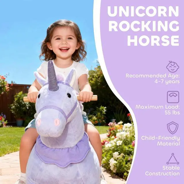 Alt view image 3 of 7 - Qaba Ride on Horse Plush Riding Unicorn for Kids 4-7 Years 37.8 Inch Purple | Walking Horse Animal, Rolling Wheels, Active Play, No Batteries Required