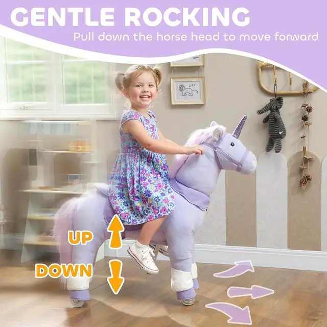 Alt view image 4 of 7 - Qaba Ride on Horse Plush Riding Unicorn for Kids 4-7 Years 37.8 Inch Purple | Walking Horse Animal, Rolling Wheels, Active Play, No Batteries Required