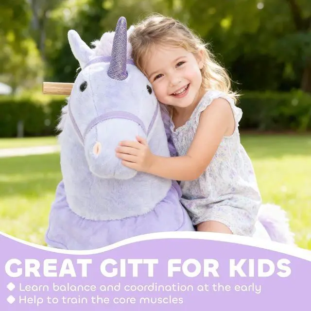 Alt view image 6 of 7 - Qaba Ride on Horse Plush Riding Unicorn for Kids 4-7 Years 37.8 Inch Purple | Walking Horse Animal, Rolling Wheels, Active Play, No Batteries Required