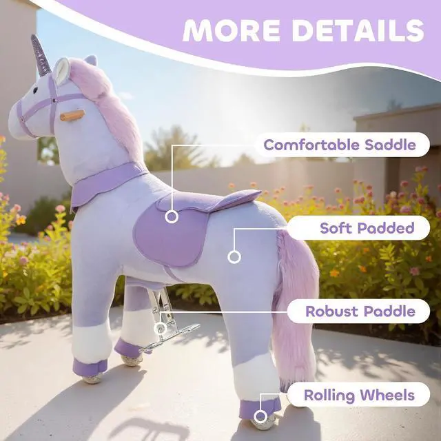 Alt view image 5 of 7 - Qaba Ride on Horse Plush Riding Unicorn for Kids 4-7 Years 37.8 Inch Purple | Walking Horse Animal, Rolling Wheels, Active Play, No Batteries Required