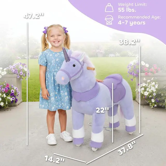 Alt view image 7 of 7 - Qaba Ride on Horse Plush Riding Unicorn for Kids 4-7 Years 37.8 Inch Purple | Walking Horse Animal, Rolling Wheels, Active Play, No Batteries Required