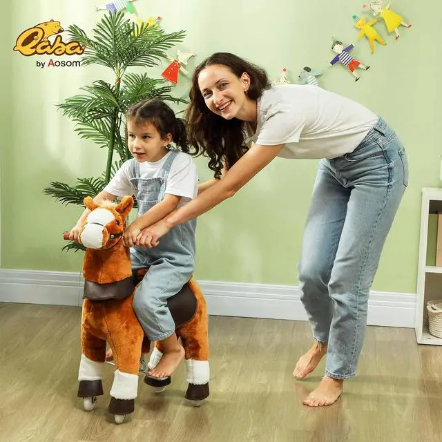 Alt view image 2 of 7 - Qaba Ride on Horse Plush Riding Pony for Kids 3-5 Years 27.6 Inch Brown | Walking Horse Animal, Rolling Wheels, Neighing Sound, Active Play, 132 lbs Load