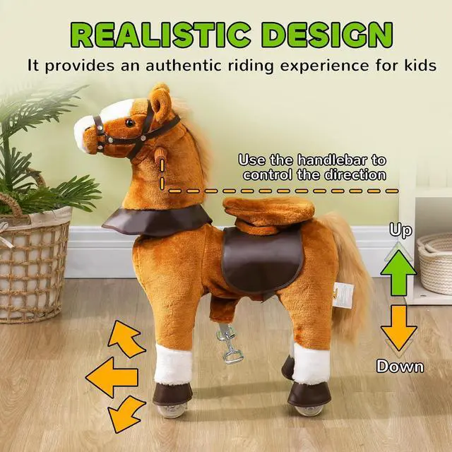 Alt view image 3 of 7 - Qaba Ride on Horse Plush Riding Pony for Kids 3-5 Years 27.6 Inch Brown | Walking Horse Animal, Rolling Wheels, Neighing Sound, Active Play, 132 lbs Load