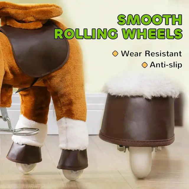 Alt view image 5 of 7 - Qaba Ride on Horse Plush Riding Pony for Kids 3-5 Years 27.6 Inch Brown | Walking Horse Animal, Rolling Wheels, Neighing Sound, Active Play, 132 lbs Load